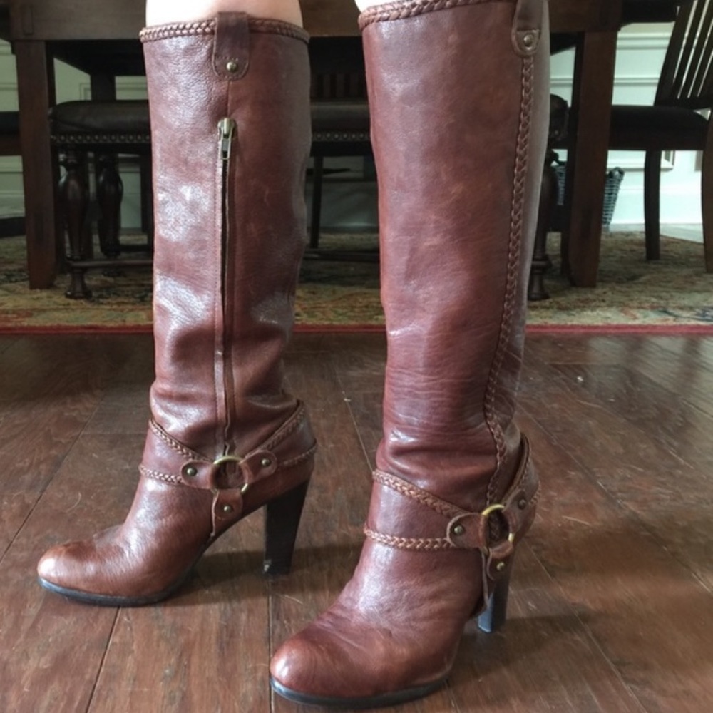 Frye Brown Vicki Tall d-ring braided harness 14" boot w/ braided leather piping